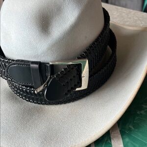 Black Woven Leather Men’s Belt with Silver Buckle